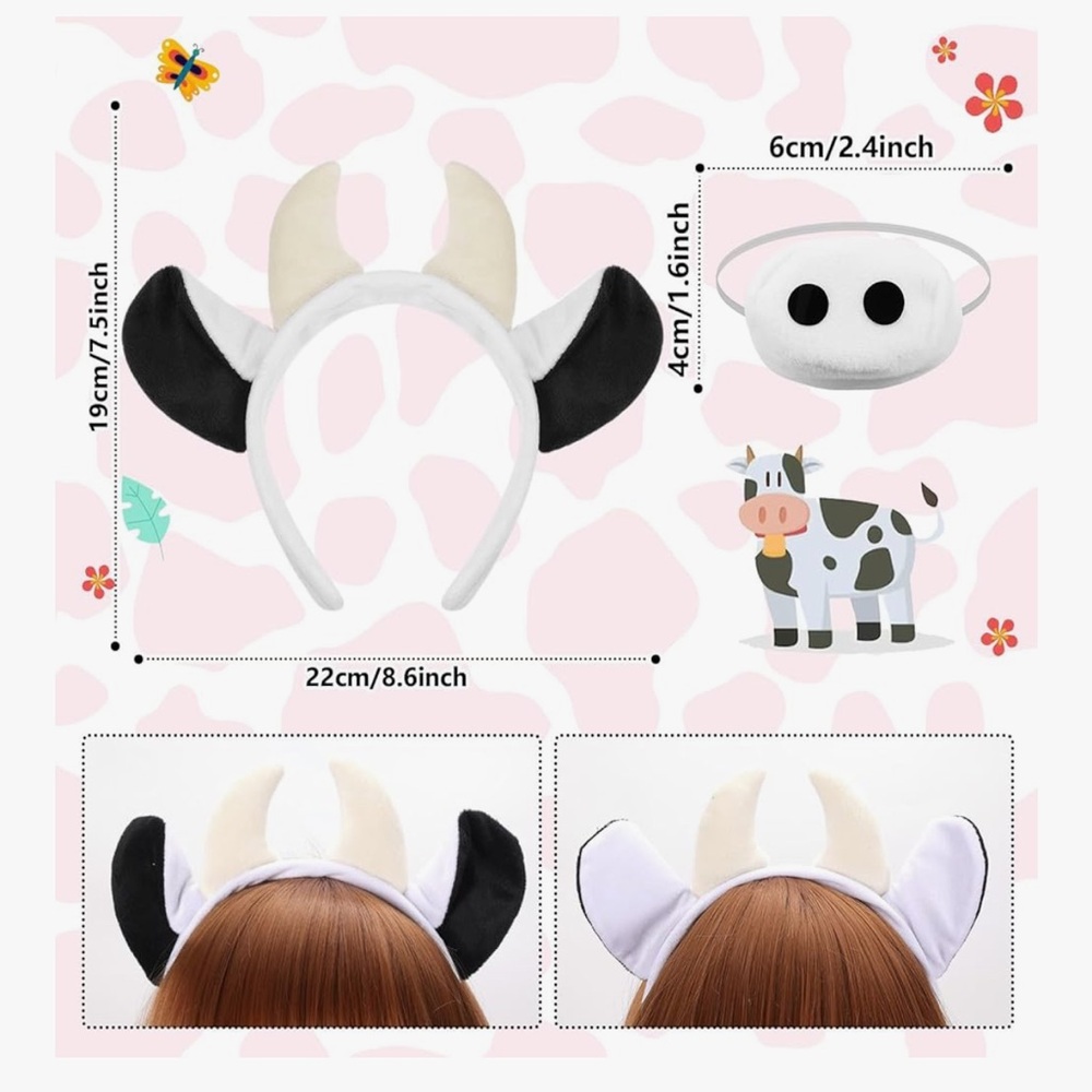 Cow Ear Headband Set with Eye Mask - Black, White & Cream